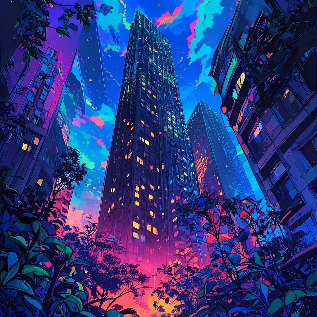 A towering, vine-choked skyscraper looms under a neon-lit twilight, its fractured glass reflecting psychedelic hues. Bold pop art strokes exaggerate jagged edges and wild foliage bursting from shat...