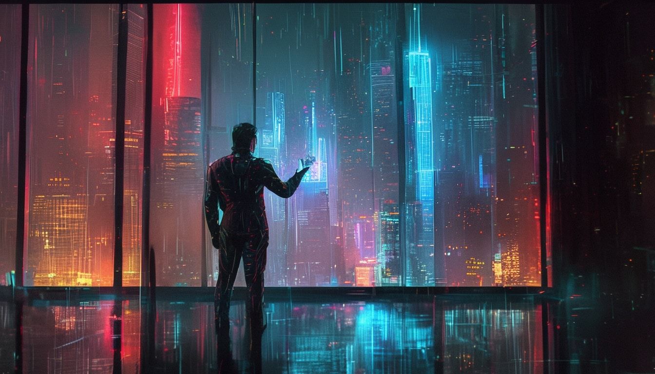 A lone figure in a tailored cyberpunk suit stands at the floor-to-ceiling window, adjusting a floating holographic display with precise hand gestures, the neon glow of the city’s skyscrapers bleedi...