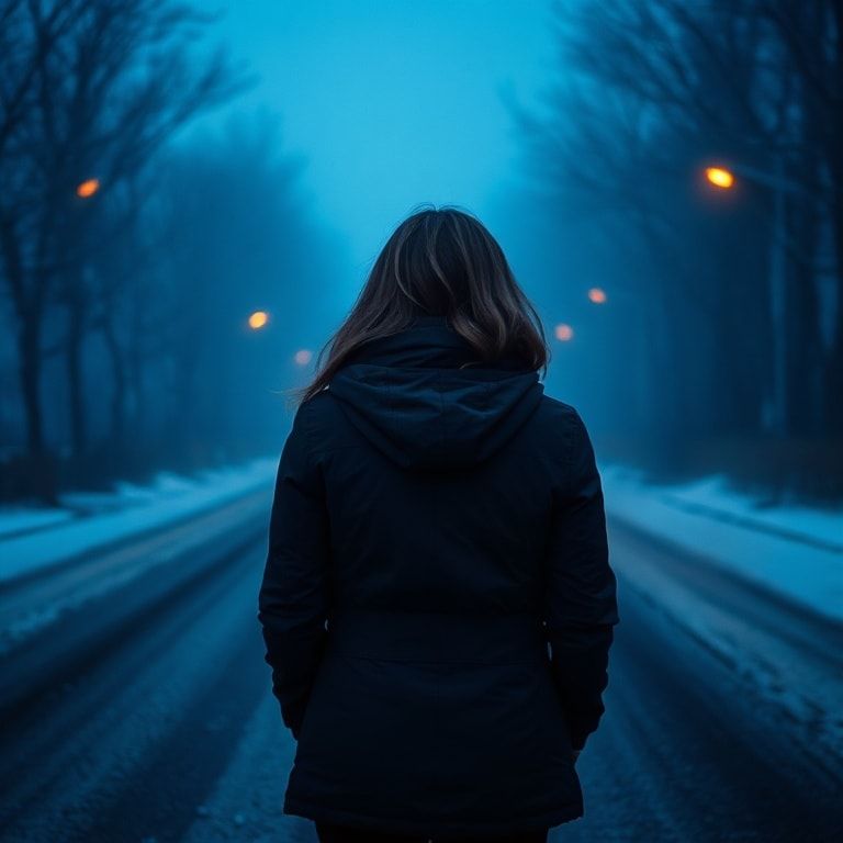 A girl with her back turned stands in a jacket on a winter road, an atmosphere of melancholy, loneliness and blue fog everywhere, as in dark ambient