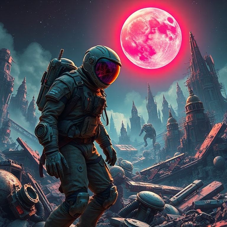 A lone scavenger in a tattered pressure suit picks through towering heaps of rusted alien wreckage under the eerie glow of a dying binary star, their helmet visor reflecting fractured neon hues. Th...