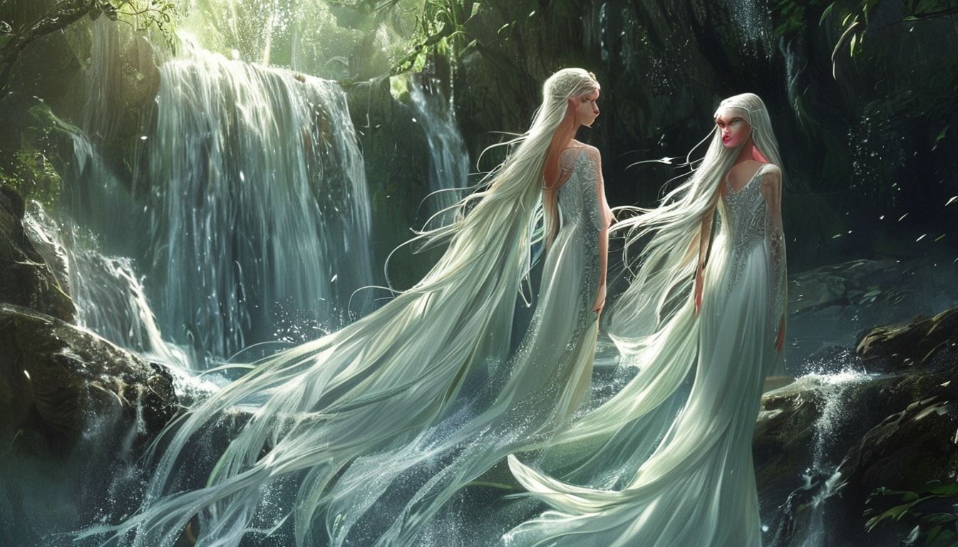 A serene elven maiden with long, flowing silver hair stands gracefully near a mystical waterfall in a sacred grove, her elegant white dress swaying gently. Crystal-clear water cascades down ancient...