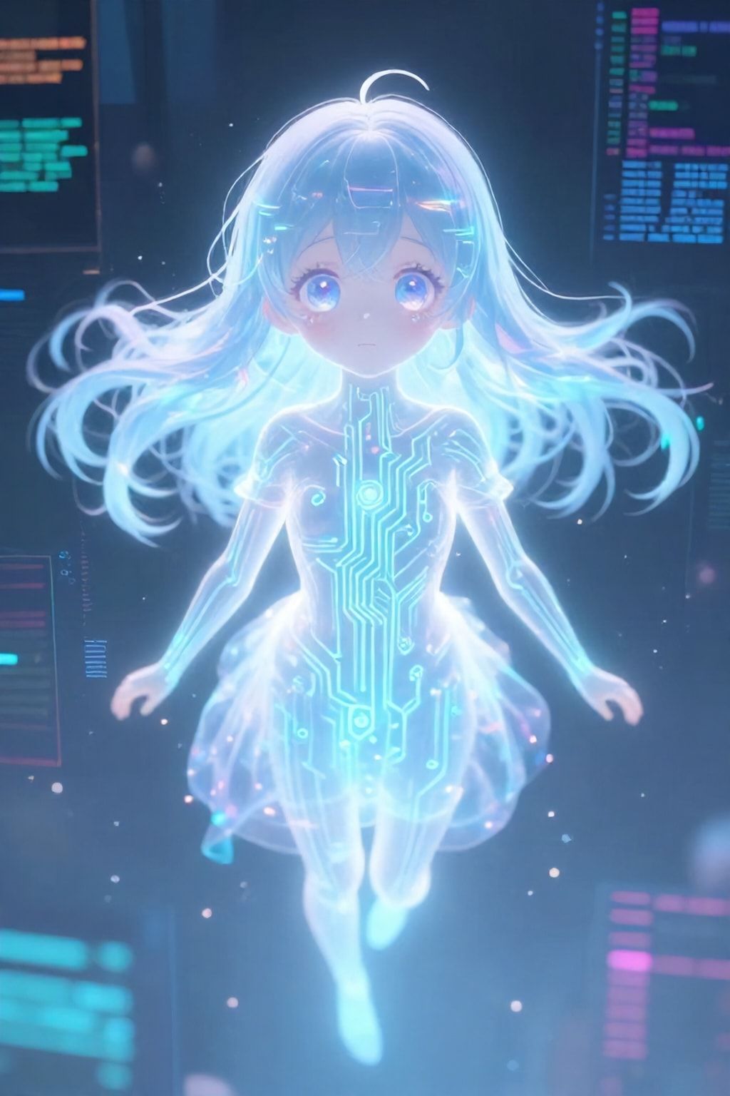 A glowing, ethereal anime girl with neon-blue circuits pulsing through her translucent skin floats in a vast digital void, her oversized kawaii eyes reflecting fractured code. Soft pastel hues blen...