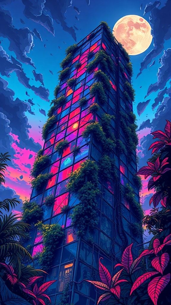 A towering, vine-choked skyscraper looms under a neon-lit twilight, its fractured glass reflecting psychedelic hues. Bold pop art strokes exaggerate jagged edges and wild foliage bursting from shat...