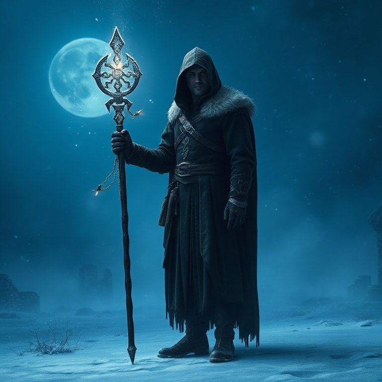 A lone Celtic warrior-mage stands in a frozen landscape, holding a glowing magical staff carved with ancient runes. He wears a long, heavy cloak and hood, his face partially hidden in shadow. Icy runes shimmer faintly along the staff and in the air around him. Deep blue winter fog surrounds the scene, drifting through snow-covered ground and distant stone ruins. The atmosphere is cold, mystical, and epic, inspired by Celtic fantasy lore. Cinematic composition, fantasy realism, deep blue and icy color palette, soft diffused moonlight, volumetric fog, subtle snowfall, ancient magic glow, dramatic depth, high detail textures, epic and melancholic mood, album cover art.