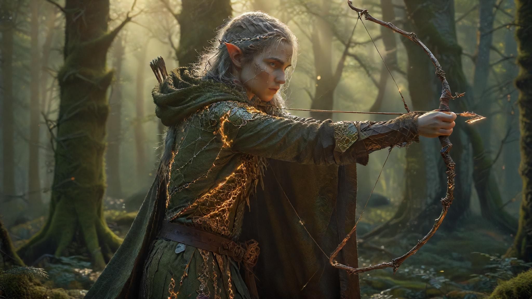A lone elf archer, clad in moss-woven leather and silver-threaded cloak, draws a glowing runic bow in the heart of an ancient twilight forest, golden shafts of dying sunlight piercing through emera...