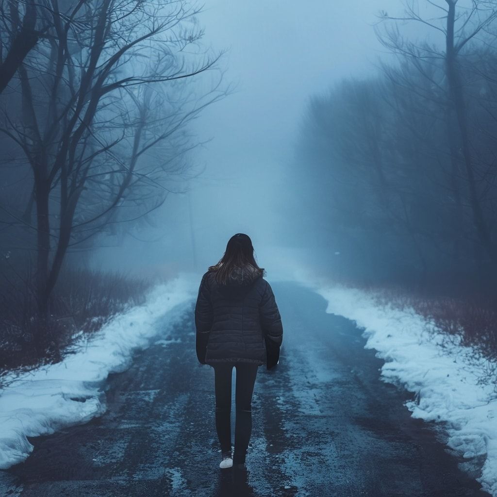 A girl with her back turned stands in a jacket on a winter road, an atmosphere of melancholy, loneliness and blue fog everywhere, as in dark ambient
