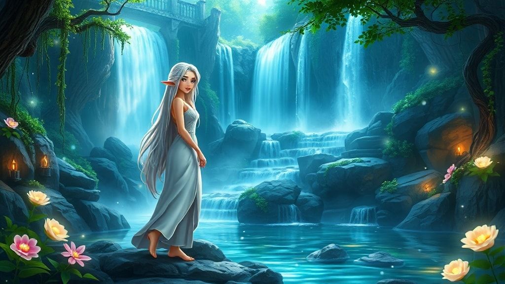 Elven sacred waterfall fantasy landscape, beautiful elven maiden with long flowing silver hair standing gracefully near mystical waterfall in sacred grove, crystal-clear water cascading down ancient rocks, rainbow mist rising from waterfall, ethereal light filtering through ancient trees, glowing flowers surrounding the sacred pool, mystical energy particles floating in air, ancient elven architecture visible in background, ethereal blue and green lighting, magical atmosphere, cinematic composition, cartoon style, anime art style, fantasy art style, peaceful and mystical mood, detailed and atmospheric, mystical glowing vines, dewdrops on leaves, elegant elven woman in flowing white dress, serene expression, ethereal beauty, animated style, vibrant colors, cartoons