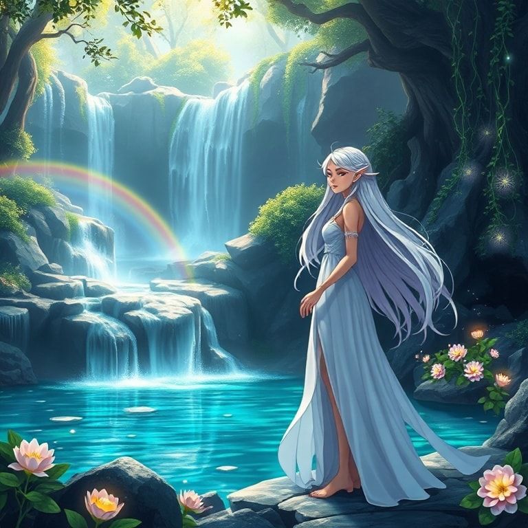 Elven sacred waterfall fantasy landscape, beautiful elven maiden with long flowing silver hair standing gracefully near mystical waterfall in sacred grove, crystal-clear water cascading down ancient rocks, rainbow mist rising from waterfall, ethereal light filtering through ancient trees, glowing flowers surrounding the sacred pool, mystical energy particles floating in air, ancient elven architecture visible in background, ethereal blue and green lighting, magical atmosphere, cinematic composition, cartoon style, anime art style, fantasy art style, peaceful and mystical mood, detailed and atmospheric, mystical glowing vines, dewdrops on leaves, elegant elven woman in flowing white dress, serene expression, ethereal beauty, animated style, vibrant colors