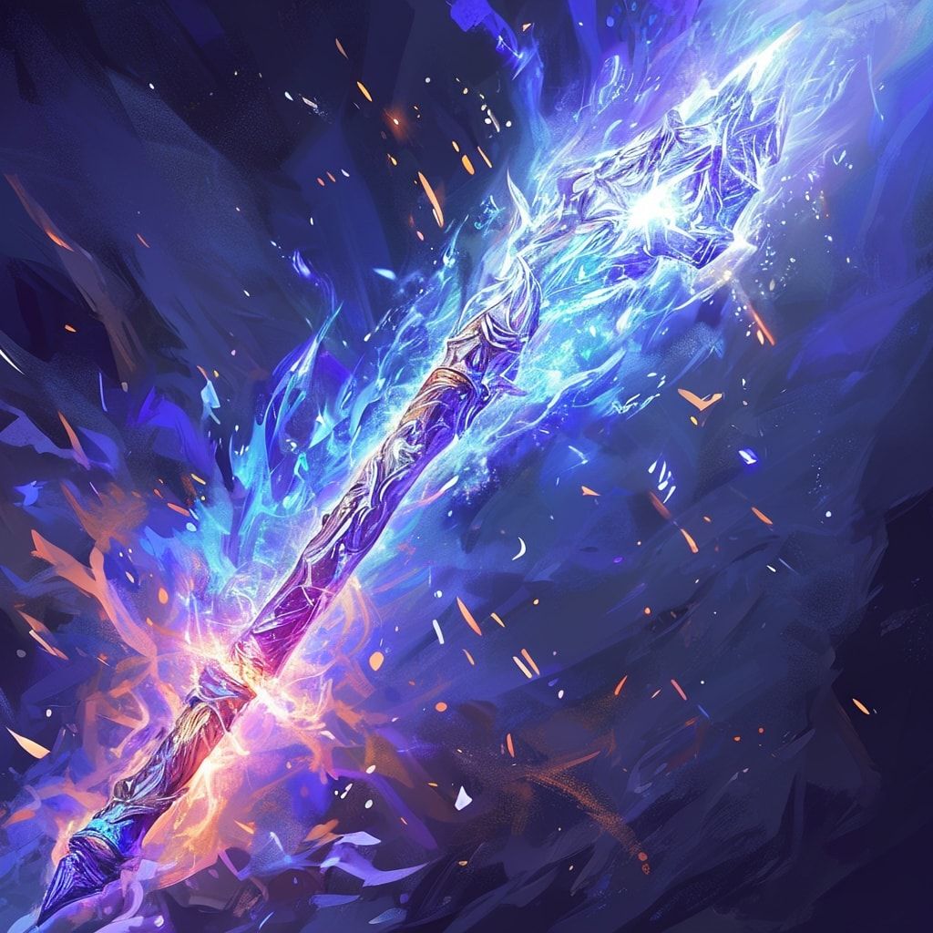 Icy runes shimmer faintly along the staff and in the air around him