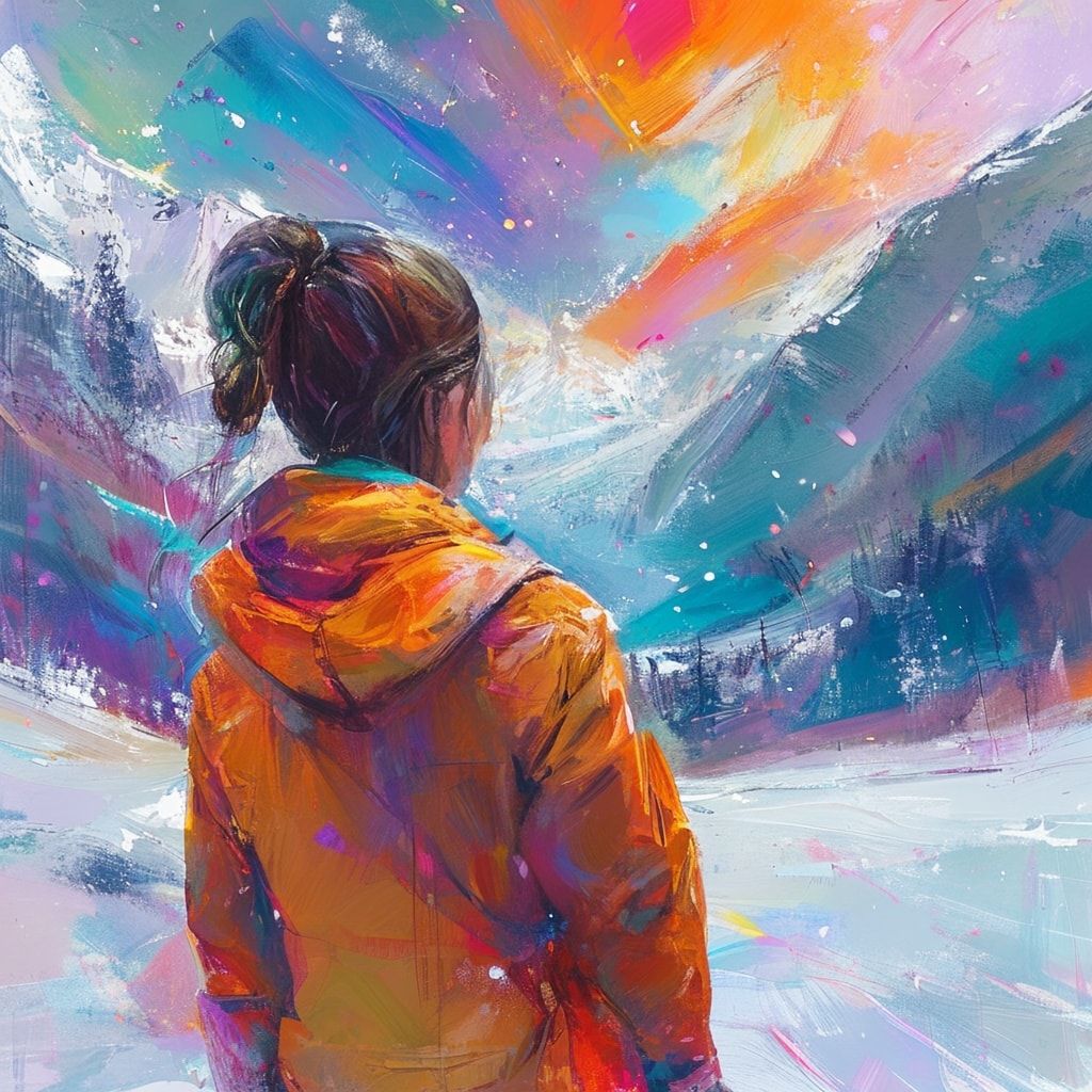 A girl standing with her back to the viewer in a winter ледяная valley. She is looking into the distance.