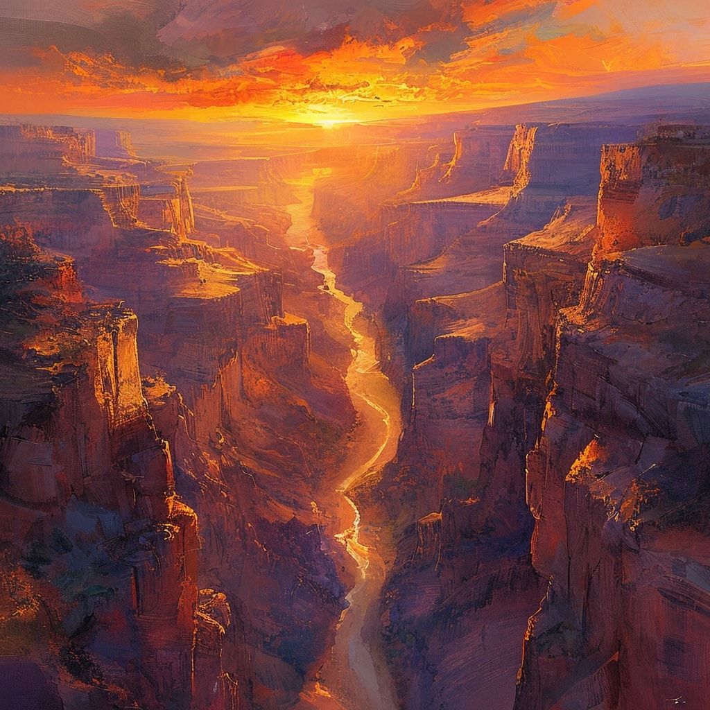 A vast, rugged canyon bathed in the warm, golden glow of a setting sun, its jagged cliffs and winding river illuminated by the soft, diffused light. The sky is a vibrant blend of fiery oranges, dee...
