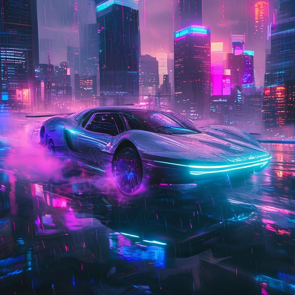 A sleek, silver flying car with glowing blue underlights soars through a rain-soaked neon metropolis at dusk, skyscrapers reflecting vibrant pink and purple hues. Synthwave-inspired, cinematic comp...