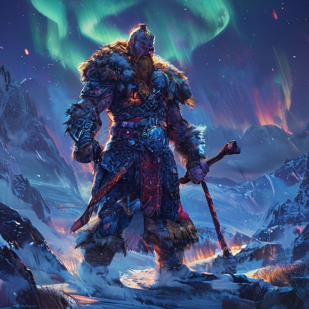 Fierce Viking warrior in fur-lined armor standing in frozen valley, holding glowing runic axe, northern lights in background, fantasy character art, detailed armor, epic pose