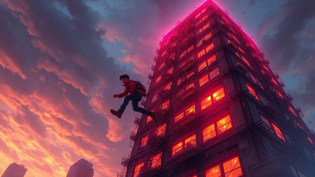 A towering, vine-choked skyscraper looms under a stormy twilight sky, its shattered windows glowing with eerie neon. A lone shonen hero, clad in a tattered red jacket, leaps between crumbling balco...