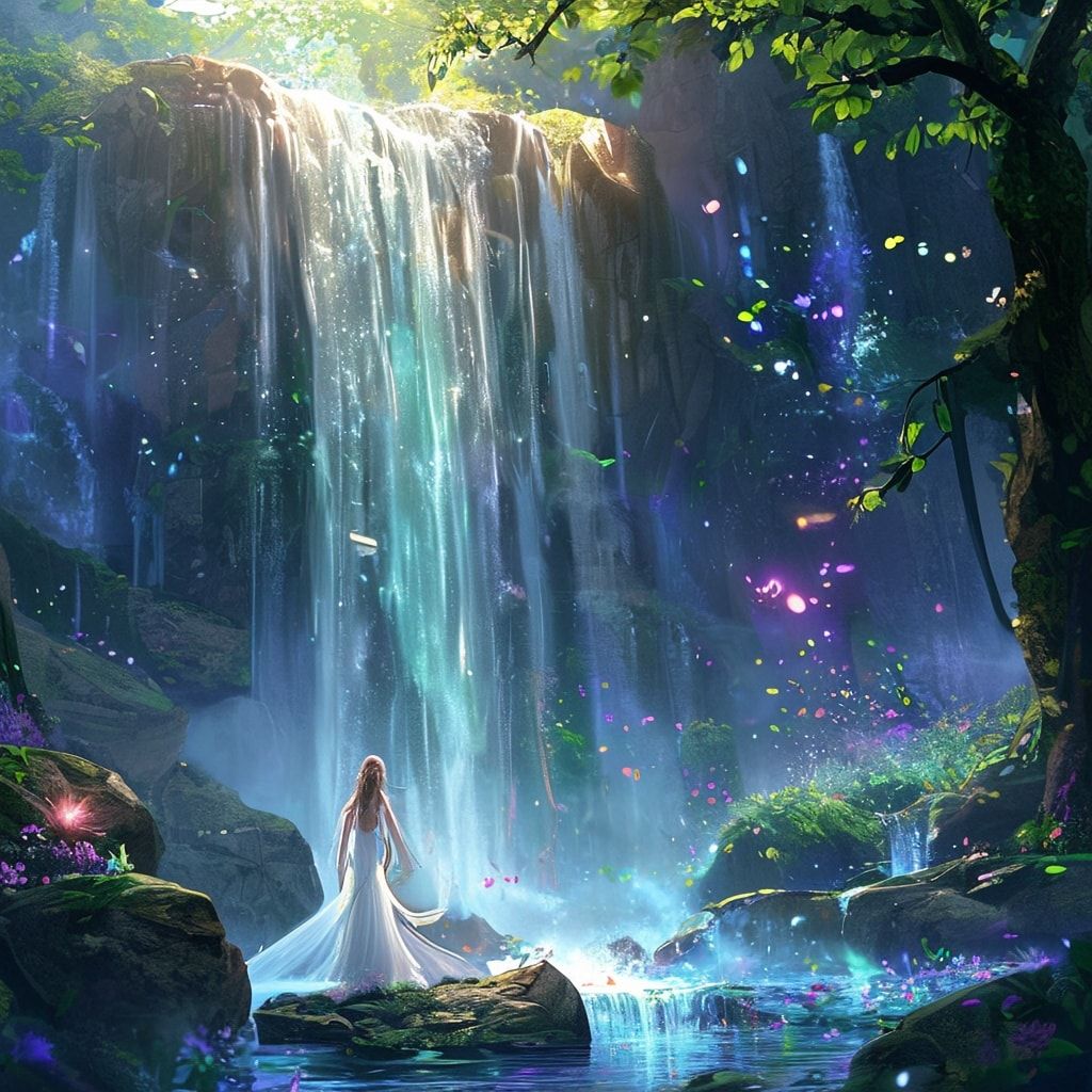 Elven sacred waterfall fantasy landscape, beautiful elven maiden with long flowing silver hair standing gracefully near mystical waterfall in sacred grove, crystal-clear water cascading down ancient rocks, rainbow mist rising from waterfall, ethereal light filtering through ancient trees, glowing flowers surrounding the sacred pool, mystical energy particles floating in air, ancient elven architecture visible in background, ethereal blue and green lighting, magical atmosphere, cinematic composition, cartoon style, anime art style, fantasy art style, peaceful and mystical mood, detailed and atmospheric, mystical glowing vines, dewdrops on leaves, elegant elven woman in flowing white dress, serene expression, ethereal beauty, animated style, vibrant colors