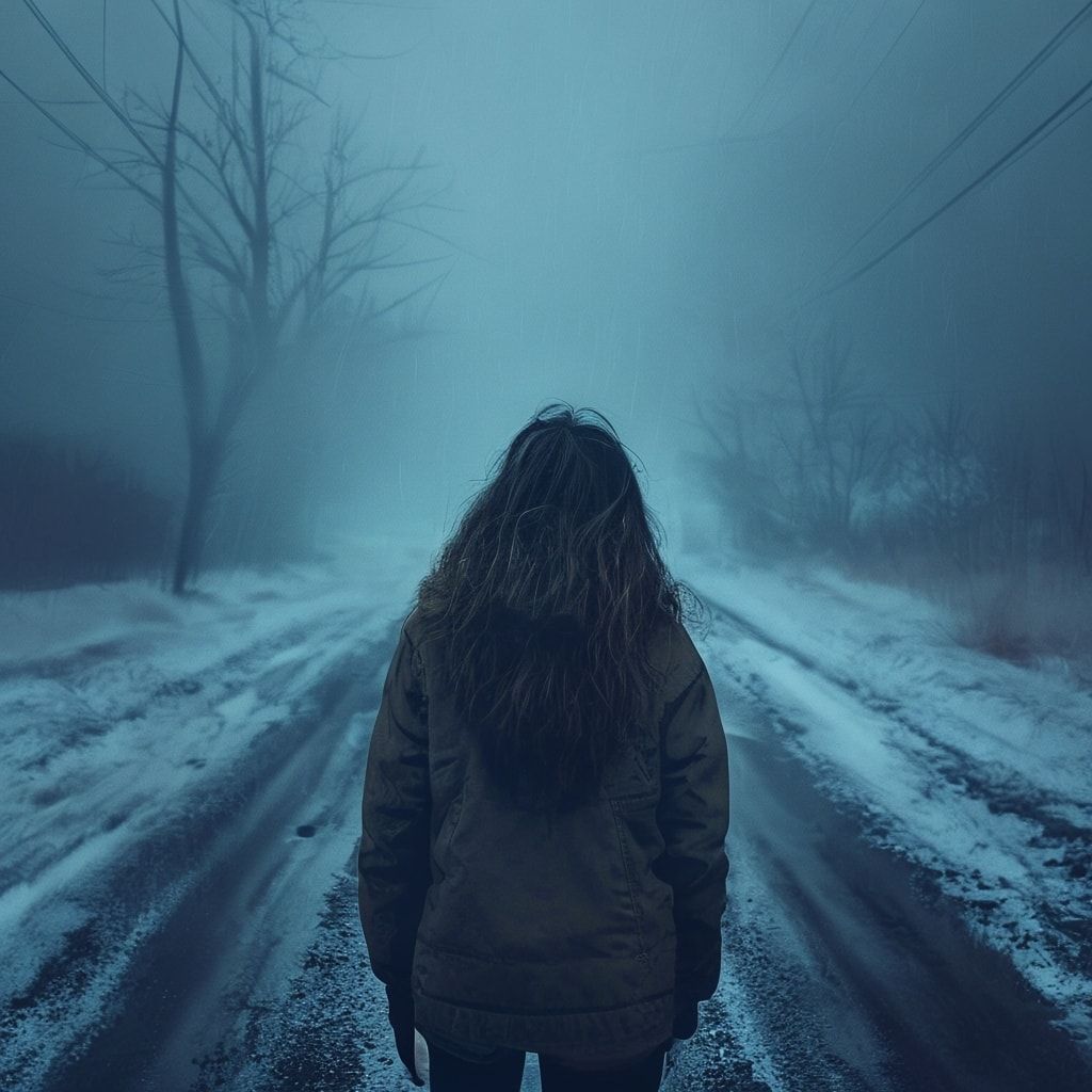 A girl with her back turned stands in a jacket on a winter road, an atmosphere of melancholy, loneliness and blue fog everywhere, as in dark ambient