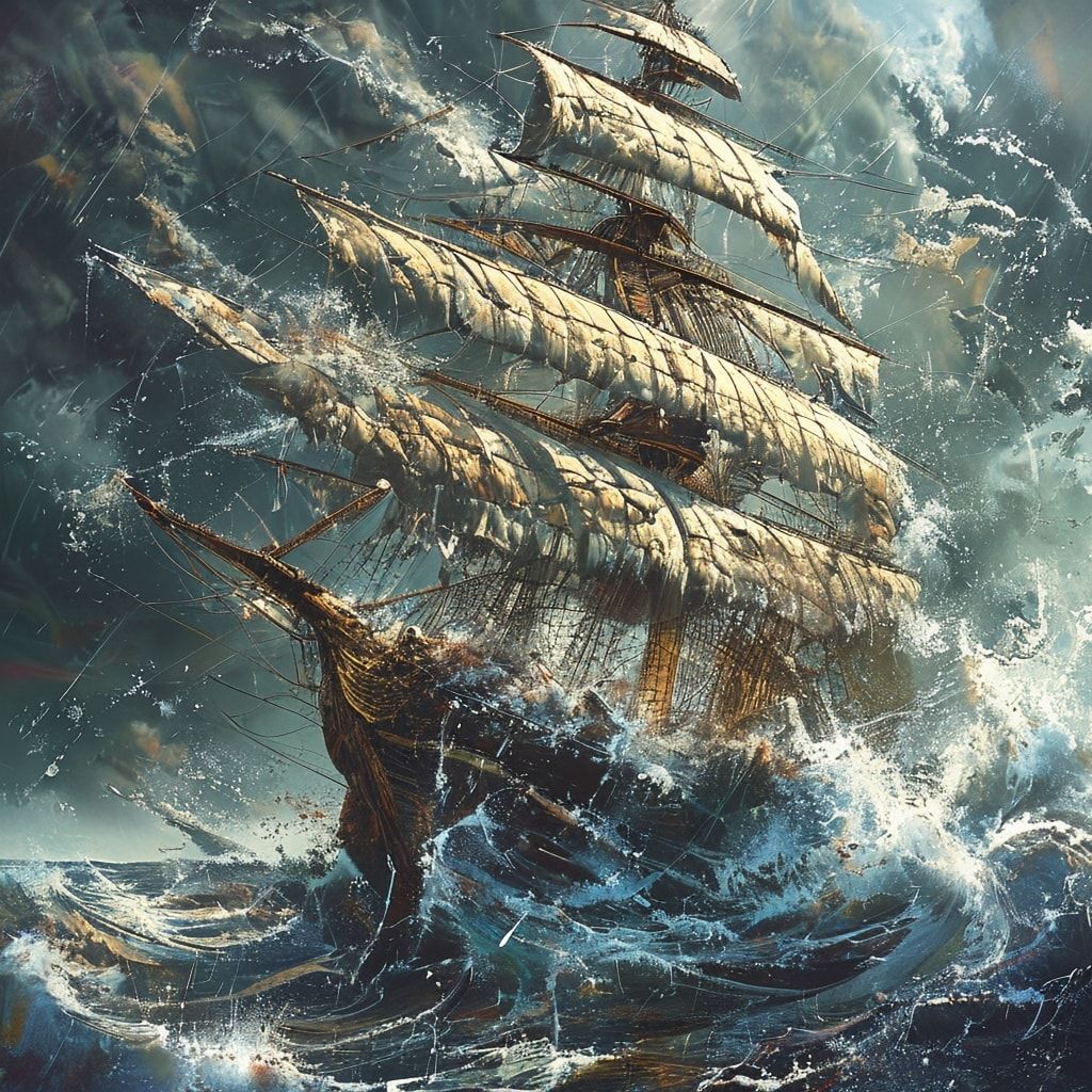 A colossal wooden galleon, its sails shredded like ghostly rags, tilts precariously as monstrous waves slam into its barnacle-encrusted hull, spray exploding like shattered glass. The storm rages u...