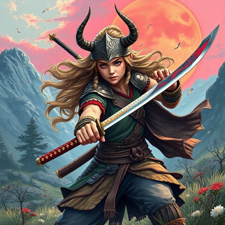 girl viking with girl elf wither landscape warrior samurai katana