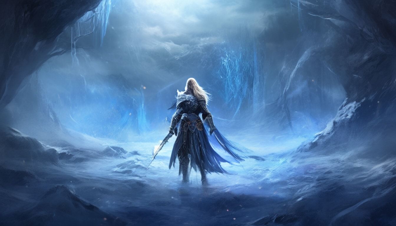 warrior-mage stands in a frozen landscape