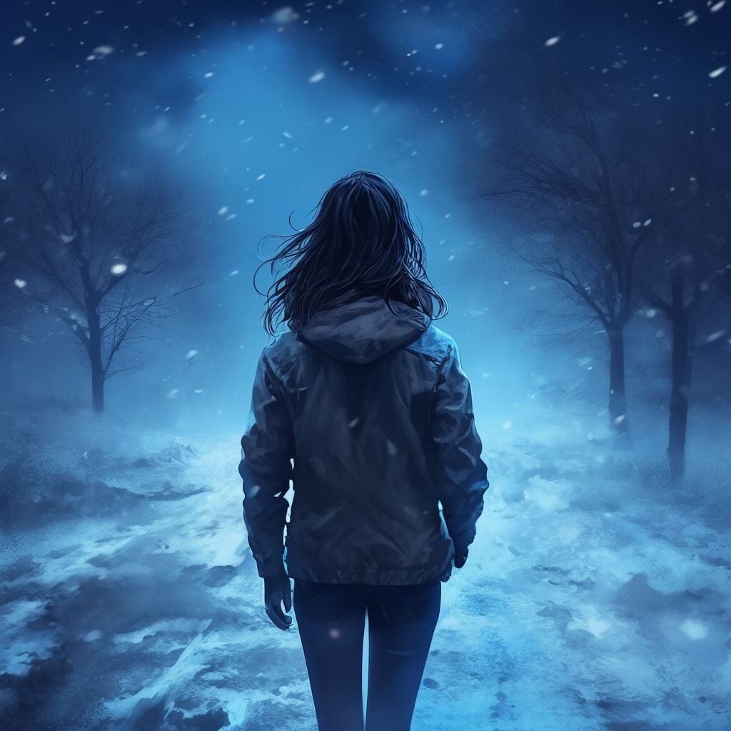 A girl with her back turned stands in a jacket on a winter road, an atmosphere of melancholy, loneliness and blue fog everywhere, as in dark ambient