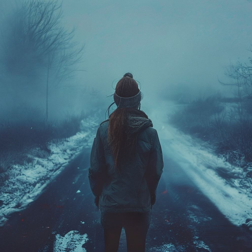 A girl with her back turned stands in a jacket on a winter road, an atmosphere of melancholy, loneliness and blue fog everywhere, as in dark ambient
