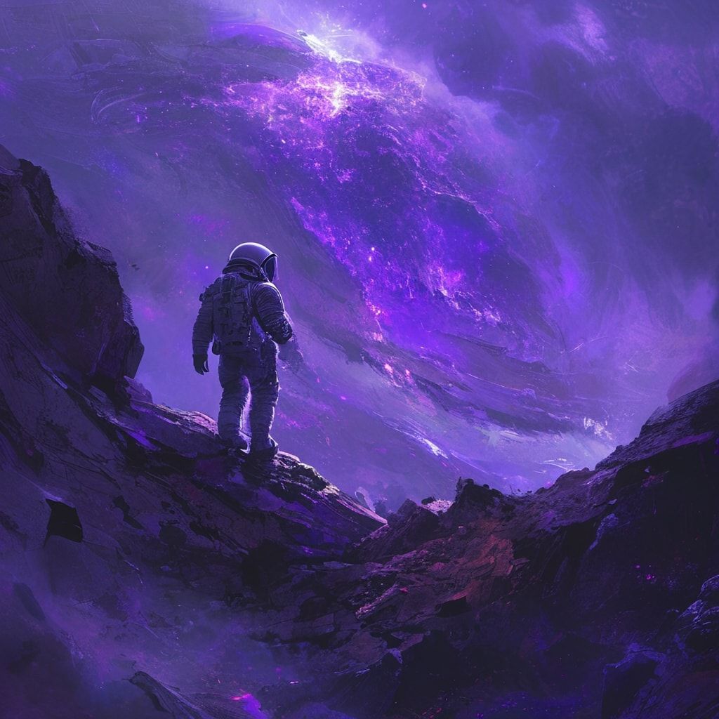 A lone astronaut in a battered, oxygen-deprived suit stands precariously on the fractured edge of an alien mesa, silhouetted against the abyss as a colossal cosmic storm churns below, its violet te...