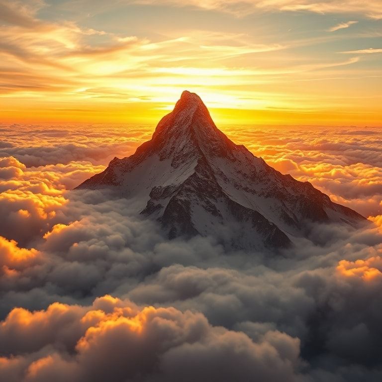 A lone, jagged mountain peak pierces through a sea of swirling golden clouds at sunrise, its snow-capped summit glowing with ethereal alpine light. Hyper-detailed 8K resolution captures the crisp t...