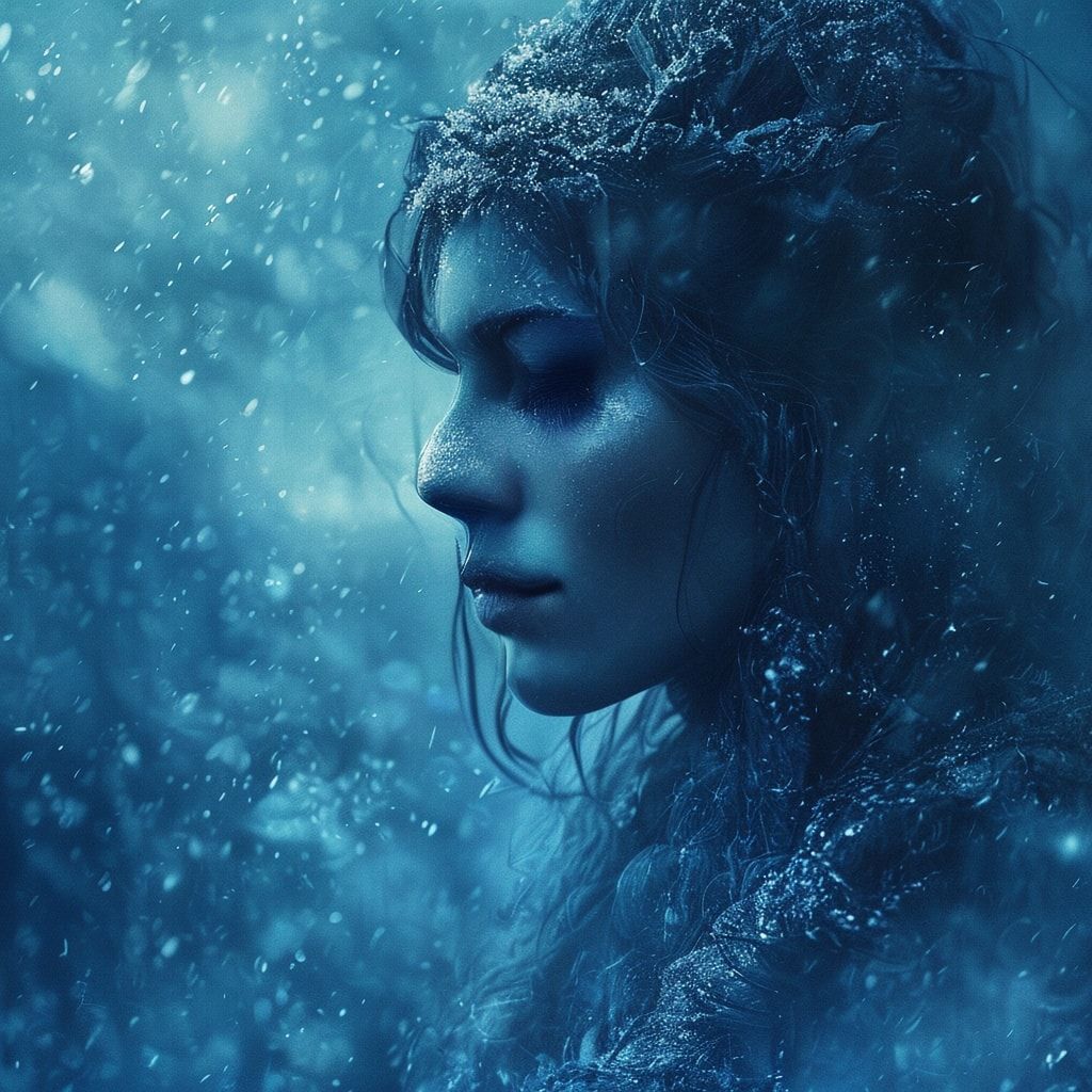 Cinematic composition, fantasy realism, deep blue and icy color palette, soft diffused moonlight, volumetric fog, subtle snowfall, ancient magic glow, dramatic depth, high detail textures, epic and melancholic mood