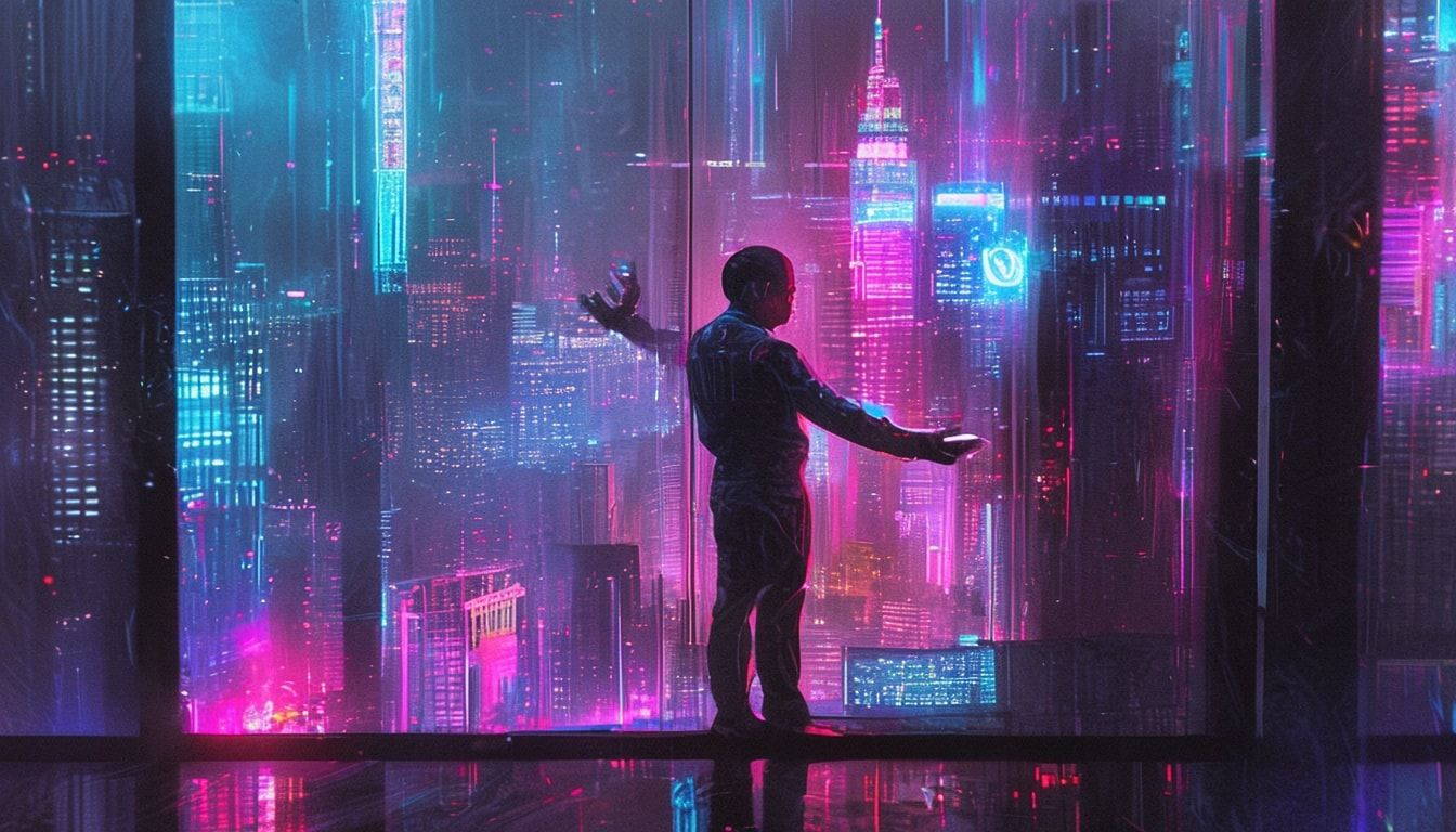 A lone figure in a tailored cyberpunk suit stands at the floor-to-ceiling window, adjusting a floating holographic display with precise hand gestures, the neon glow of the city’s skyscrapers bleedi...