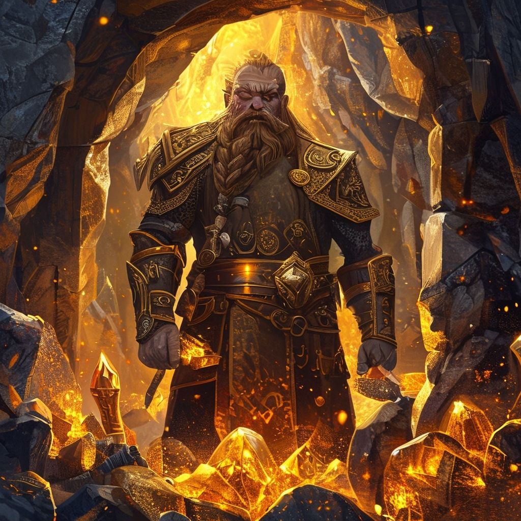 Dwarven golden vein fantasy landscape, majestic dwarven warrior with long braided beard and ornate golden armor standing proudly in underground mine, glowing golden veins of ore shimmering in stone walls, golden light reflecting on metal tools and equipment, torchlight illuminating golden deposits, crystal formations mixed with gold ore, ancient dwarven architecture with golden decorations, warm golden and orange lighting, magical atmosphere, cinematic composition, cartoon style, anime art style, fantasy art style, proud and triumphant mood, detailed and atmospheric, mystical glowing gold, elegant dwarven woman in ceremonial dress holding golden nugget, strong expression, noble beauty, animated style, vibrant colors