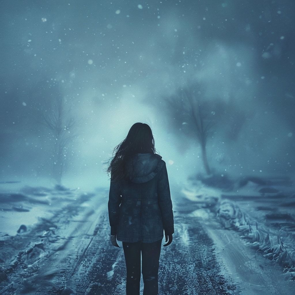 A young woman stands with her back turned, facing away from the viewer, on a desolate winter road covered in fresh snow. The road stretches into the distance, disappearing into a mysterious blue fog that looms ahead, creating an ethereal and atmospheric scene. The ambient lighting is soft and diffused, with cool blue and white tones dominating the palette. Snowflakes gently fall, adding to the dreamlike quality. The fog has a luminous blue glow, creating depth and mystery. The composition is cinematic and moody, with the woman as a silhouette against the winter landscape. The style is ambient and atmospheric, with soft focus and a