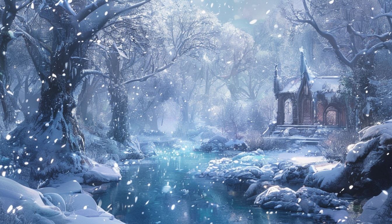 Elven eternal winter fantasy landscape, mystical forest covered in pristine snow, crystal trees glistening with frost, frozen river with ice formations, gentle snowfall, ethereal blue and silver lighting, ancient elven architecture partially visible through snow, soft pastel winter colors, magical atmosphere, cinematic composition, fantasy art style, peaceful and serene mood, detailed and atmospheric, mystical glowing lights in the distance