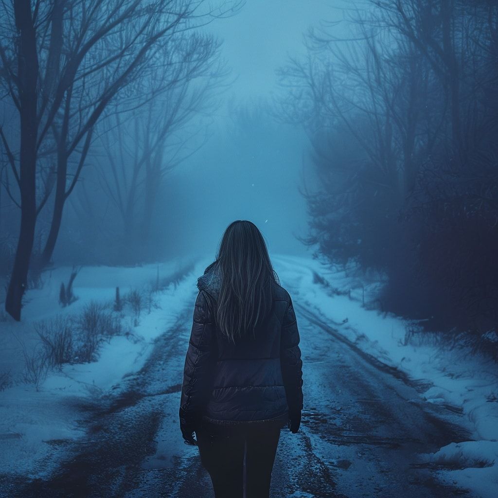 A girl with her back turned stands in a jacket on a winter road, an atmosphere of melancholy, loneliness and blue fog everywhere, as in dark ambient