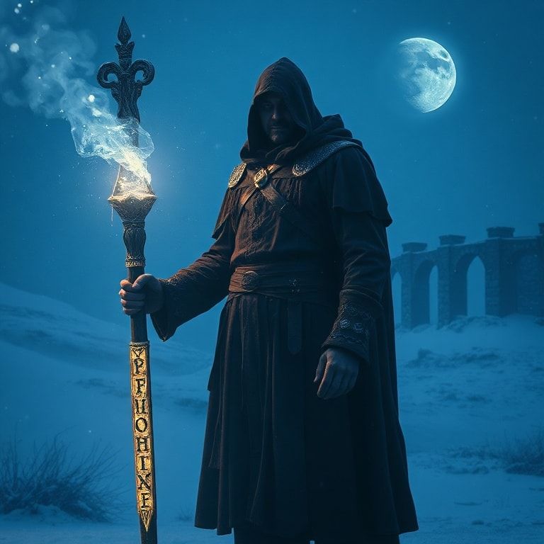 A lone Celtic warrior-mage stands in a frozen landscape, holding a glowing magical staff carved with ancient runes. He wears a long, heavy cloak and hood, his face partially hidden in shadow. Icy runes shimmer faintly along the staff and in the air around him. Deep blue winter fog surrounds the scene, drifting through snow-covered ground and distant stone ruins. The atmosphere is cold, mystical, and epic, inspired by Celtic fantasy lore. Cinematic composition, fantasy realism, deep blue and icy color palette, soft diffused moonlight, volumetric fog, subtle snowfall, ancient magic glow, dramatic depth, high detail textures, epic and melancholic mood, album cover art.