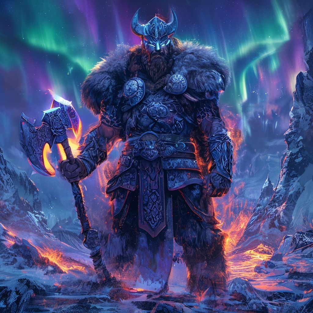 Fierce Viking warrior in fur-lined armor standing in frozen valley, holding glowing runic axe, northern lights in background, fantasy character art, detailed armor, epic pose