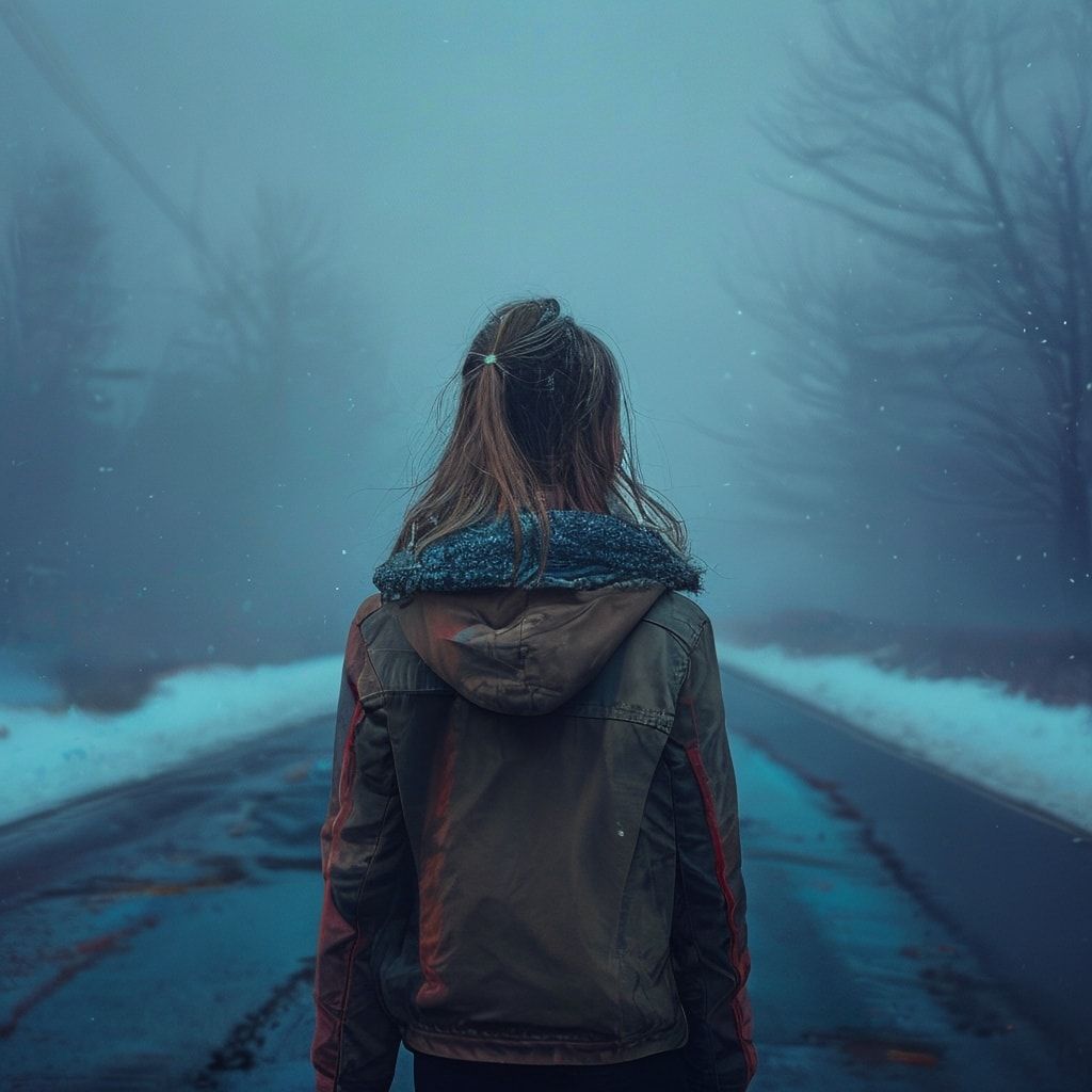 A girl with her back turned stands in a jacket on a winter road, an atmosphere of melancholy, loneliness and blue fog everywhere, as in dark ambient