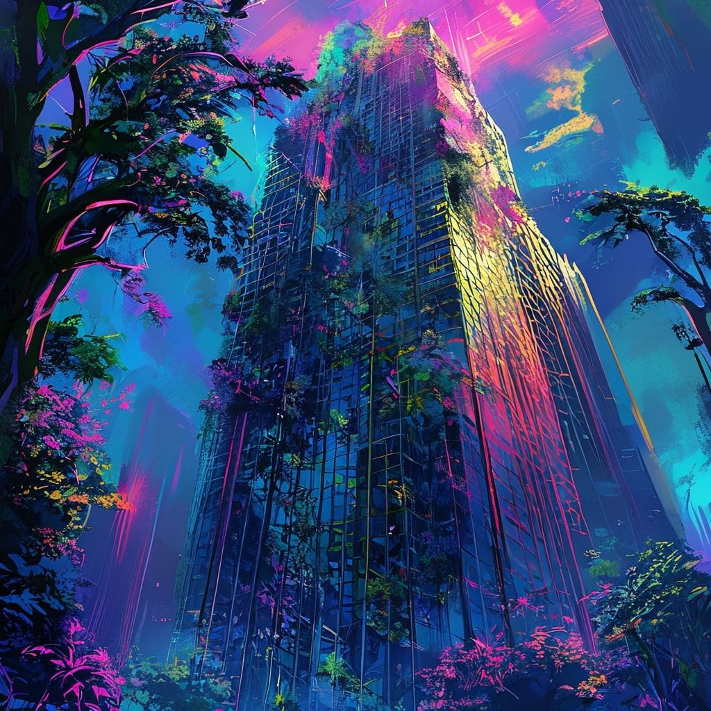 A towering, vine-choked skyscraper looms under a neon-lit twilight, its fractured glass reflecting psychedelic hues. Bold pop art strokes exaggerate jagged edges and wild foliage bursting from shat...