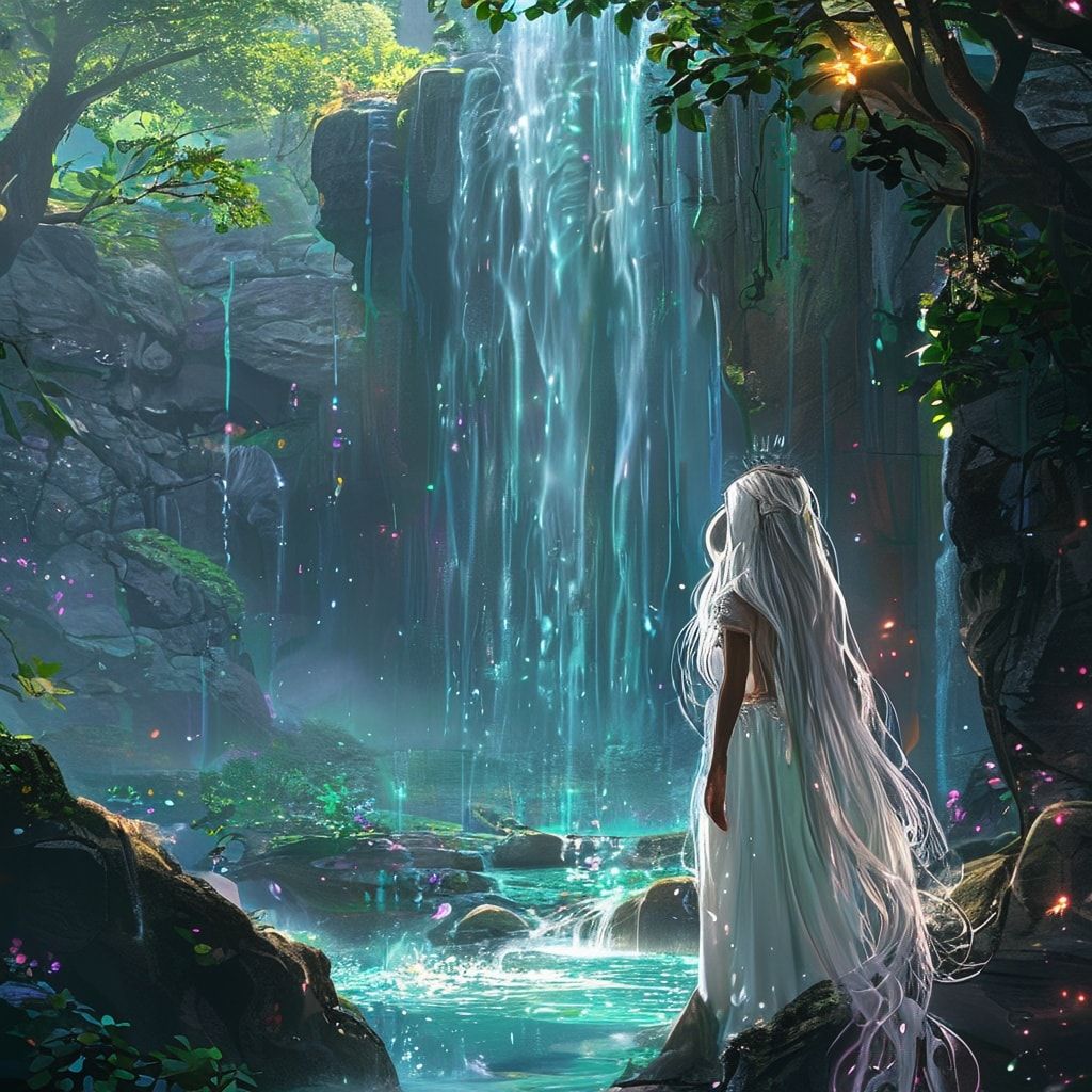 Elven sacred waterfall fantasy landscape, beautiful elven maiden with long flowing silver hair standing gracefully near mystical waterfall in sacred grove, crystal-clear water cascading down ancient rocks, rainbow mist rising from waterfall, ethereal light filtering through ancient trees, glowing flowers surrounding the sacred pool, mystical energy particles floating in air, ancient elven architecture visible in background, ethereal blue and green lighting, magical atmosphere, cinematic composition, cartoon style, anime art style, fantasy art style, peaceful and mystical mood, detailed and atmospheric, mystical glowing vines, dewdrops on leaves, elegant elven woman in flowing white dress, serene expression, ethereal beauty, animated style, vibrant colors