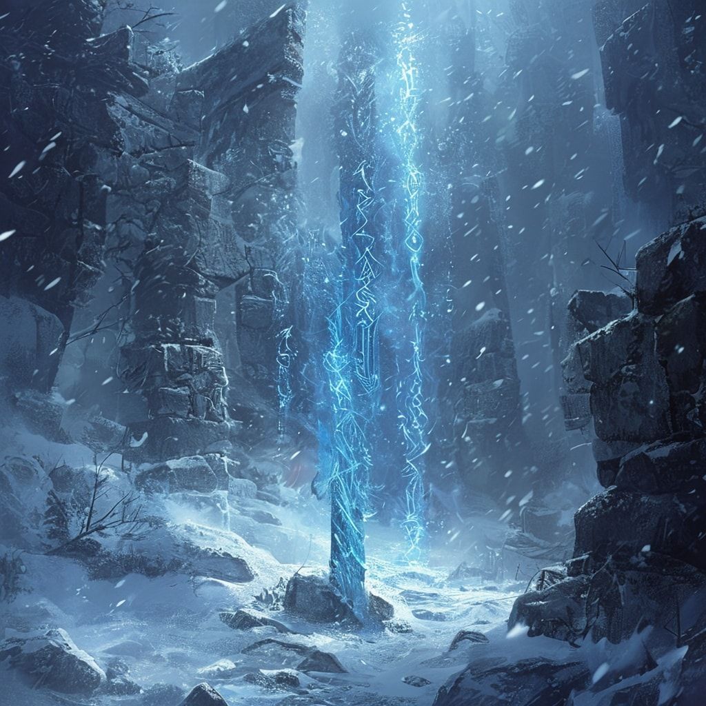 Icy runes shimmer faintly along the staff and in the air around him. Deep blue winter fog surrounds the scene, drifting through snow-covered ground and distant stone ruins