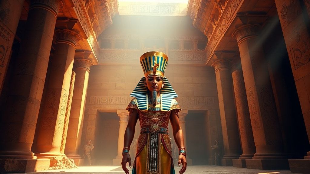 A majestic Egyptian pharaoh, adorned in golden regalia and a towering nemes headdress, stands in contemplation within the grand chamber of an ancient pyramid, bathed in soft, ethereal light filteri...