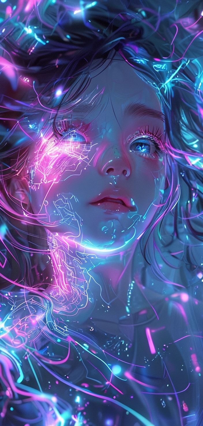 A glowing, ethereal anime girl with neon-blue circuits pulsing through her translucent skin floats in a vast digital void, her oversized kawaii eyes reflecting fractured code. Soft pastel hues blen...