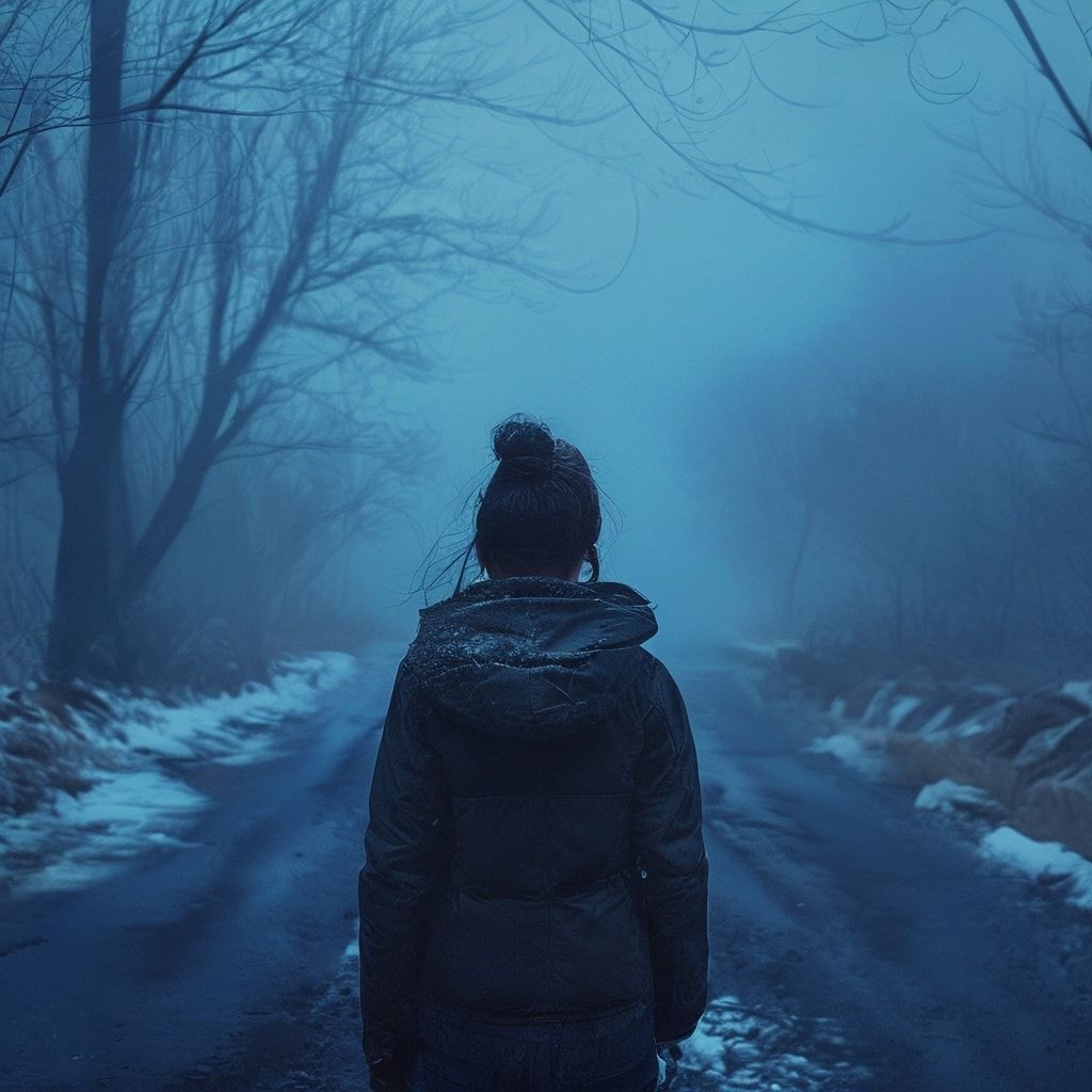 A girl with her back turned stands in a jacket on a winter road, an atmosphere of melancholy, loneliness and blue fog everywhere, as in dark ambient