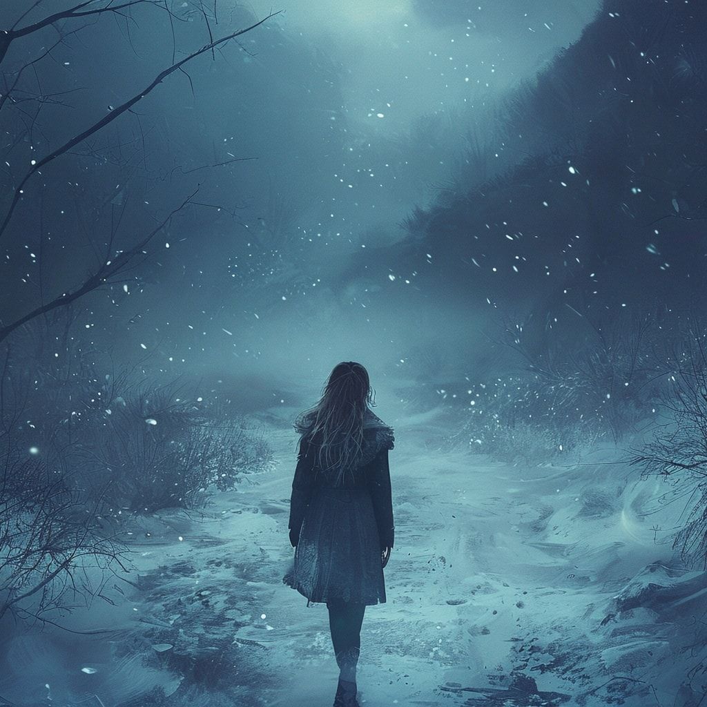 A fantasy art illustration of a young woman standing with her back turned, facing away from the viewer, in a frosty valley at night. She stands on a quiet, snow-covered street surrounded by silent, empty roads and pathways. The landscape is enveloped in a mystical fog and hoarfrost, with delicate ice crystals covering everything. The atmosphere is ethereal and magical, with a cold, serene beauty. The scene has a dreamlike fantasy quality, with soft lighting from moonlight filtering through the mist. Detailed, atmospheric, cinematic composition, fantasy art style, high quality, 4k resolution.