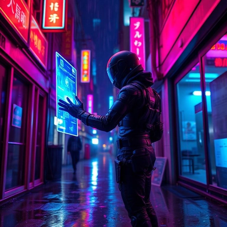 A lone figure in a sleek cybernetic suit interacts with a shimmering holographic interface, glowing with ethereal blue and violet light, suspended in the rain-slicked alleyways of a sprawling neon ...