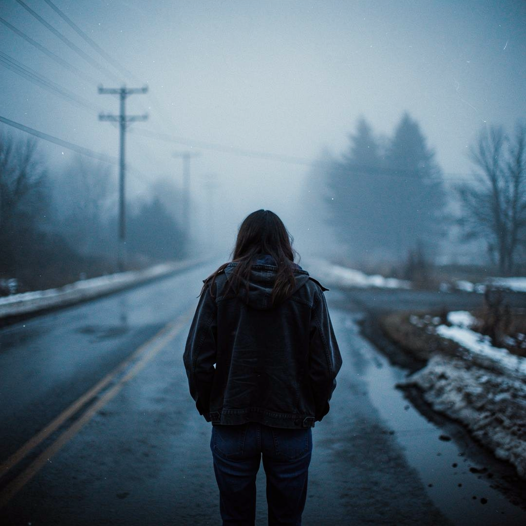 A girl with her back turned stands in a jacket on a winter road, an atmosphere of melancholy, loneliness and blue fog everywhere, as in dark ambient