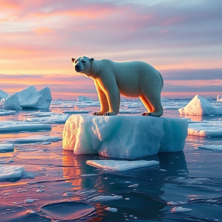 A majestic polar bear stands tall on a fractured ice floe, its fur glistening under the soft glow of the Arctic twilight, surrounded by shimmering turquoise waters. The sky is painted in hues of la...