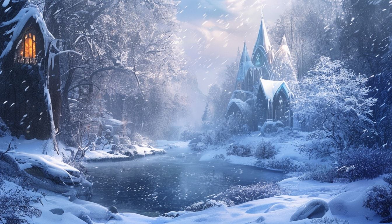 Elven eternal winter fantasy landscape, mystical forest covered in pristine snow, crystal trees glistening with frost, frozen river with ice formations, gentle snowfall, ethereal blue and silver lighting, ancient elven architecture partially visible through snow, soft pastel winter colors, magical atmosphere, cinematic composition, fantasy art style, peaceful and serene mood, detailed and atmospheric, mystical glowing lights in the distance