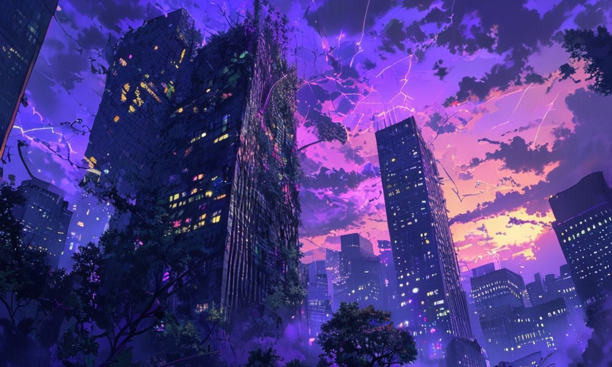 A colossal, overgrown skyscraper dominates the skyline, its shattered windows glowing with surreal neon reflections as twilight bleeds into electric violet. Wild vines erupt from cracked concrete, ...