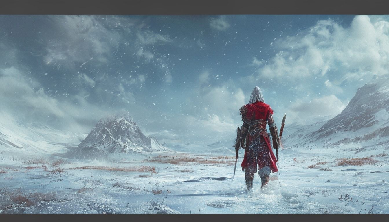 warrior-mage stands in a frozen landscape