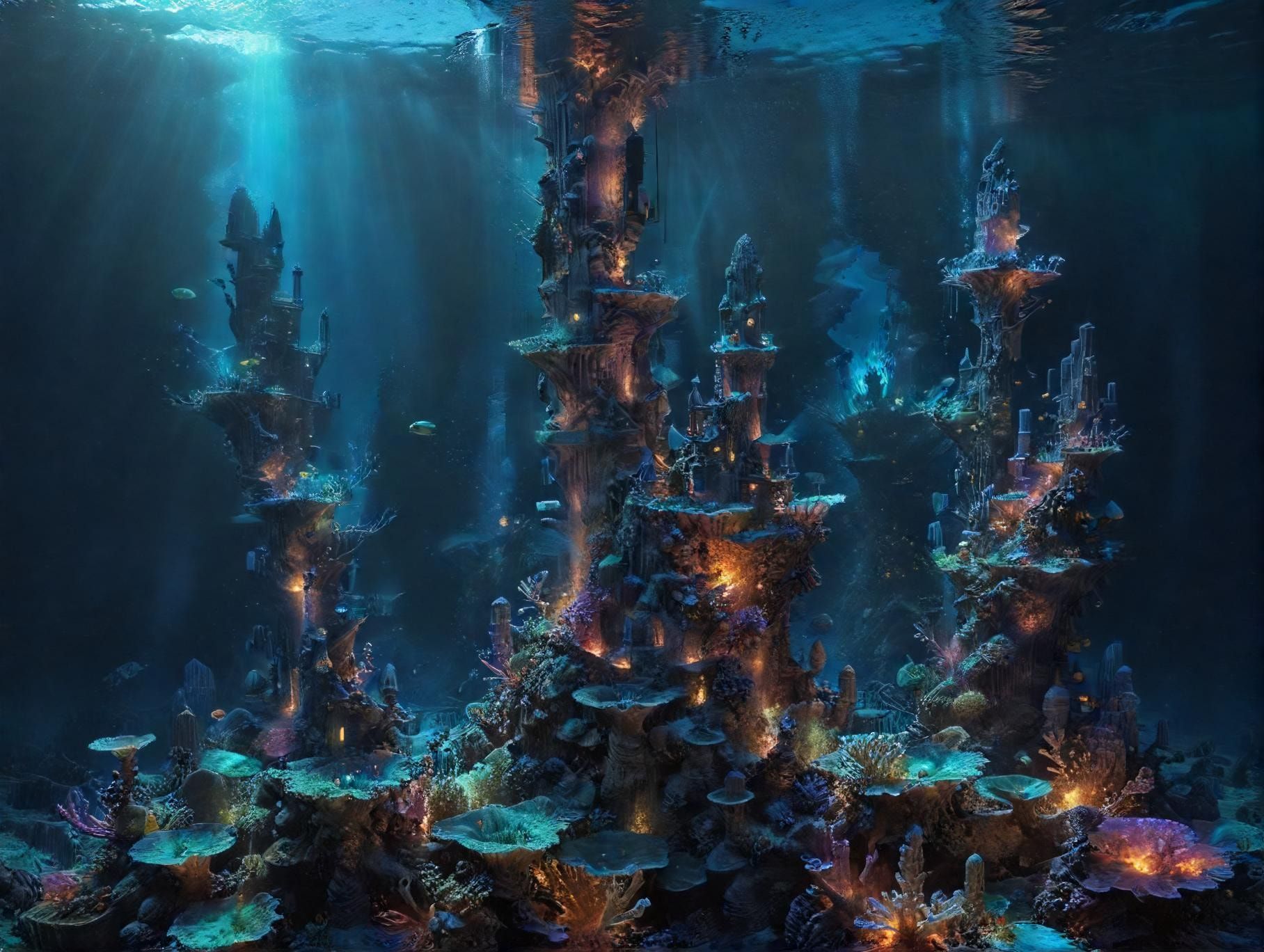 A vast, submerged cityscape thrives beneath the ocean’s surface, its towering coral spires glowing with shifting bioluminescent light, casting an otherworldly radiance across the abyss. Delicate, t...